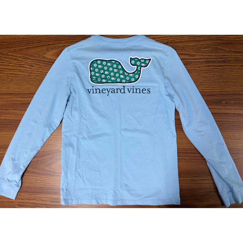 Vineyard Vines Kids XL (18) Light Blue Christmas Whale Long Sleeve Pocket Tee